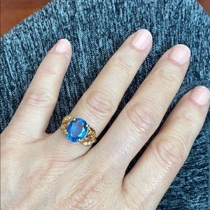 14K Solid Gold Oval Blue Women Ring Size 6